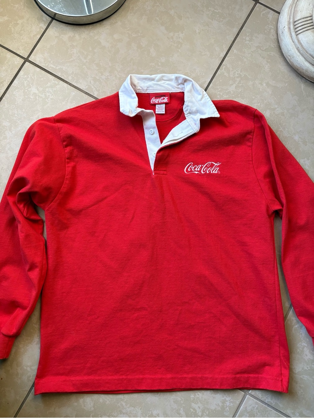 Vintage Coca Cola Red Long-Sleeve Rugby Shirt with White Collar